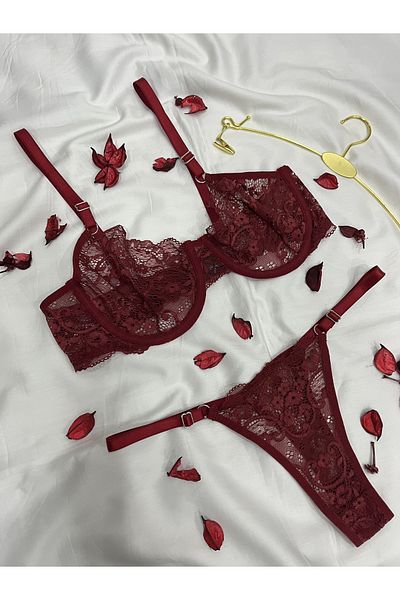 mendoza store Set sutien cu închidere metalică florală Brode Burgundy