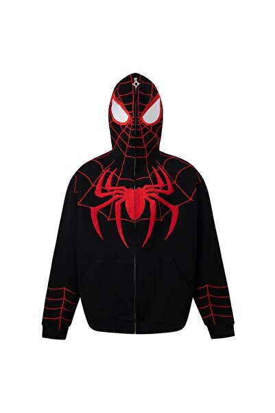 Touz zolid wear Y2k Streetwear Spider Web Oversize Μαύρη ζακέτα με κουκούλα Unisex με φερμουάρ