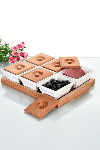 Asey Home 13 Piece Luxury Breakfast Set with Wooden Tray with Bamboo Cover