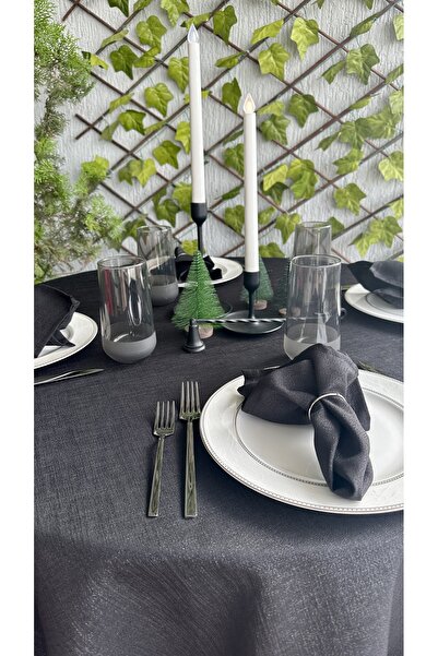 Decamor home Linen Textured Glitter Black Linen Textured Round Tablecloth (Napkin Not Included)