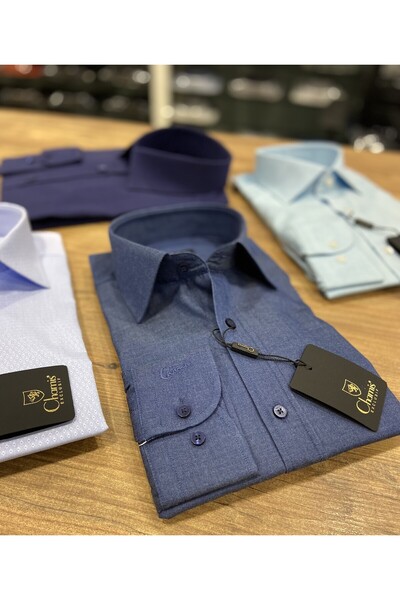 Chamis قميص نحيف من قماش الدنيم الأزرق ذو الياقة الطويلة