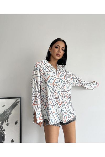 NARKISS Cămașă din satin ecru cu modele geometrice