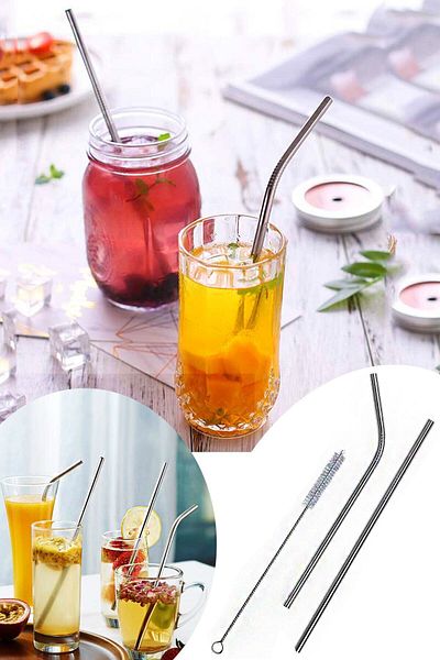 EMBazaar 2 Pack Stainless Steel Straw + Cleaning Brush, Multicolor, Medium