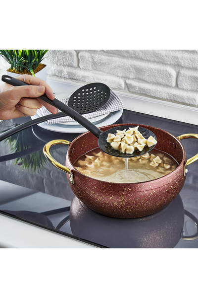 Sekiz8 4 Piece Fireproof Non-Stick Teflon Colander, Ladle, Spoon, Spatula Set Black-Grey