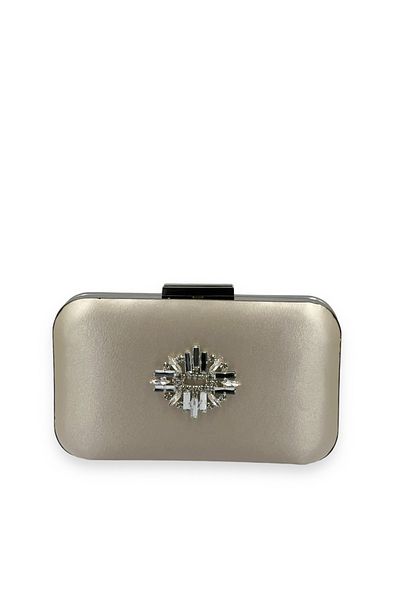 Biçanta Piele Culoare Nud Satin Argintiu Carcasa Argintiu Piatra Rochie Seara Geanta Seara Portofoliu Nunta Logodna
