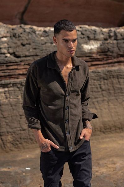 Buteks JACQUARD Ανδρικό Χακί Χειμερινό Μπουφάν με χοντρά κουμπιά Slim Lumberjack Fleece πουκάμισο