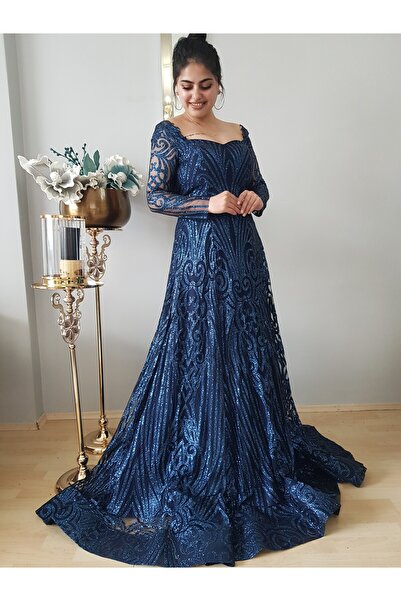 FERGAN WOMEN'S NAVY BLUE CUSTOM DESIGN SELF SILVERY PATTERNED LONG SLEEVE BEL...