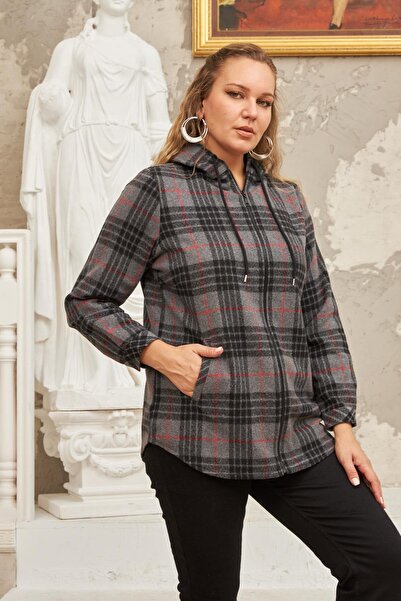 RMG Large Size Smoke Plaid Shirt with Zipper Detail
