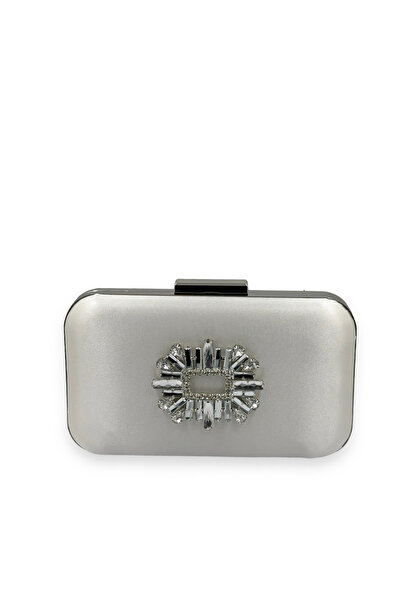 Biçanta Satin de culoare ecru sidefat cu carcasă argintie Geanta rochie de se...