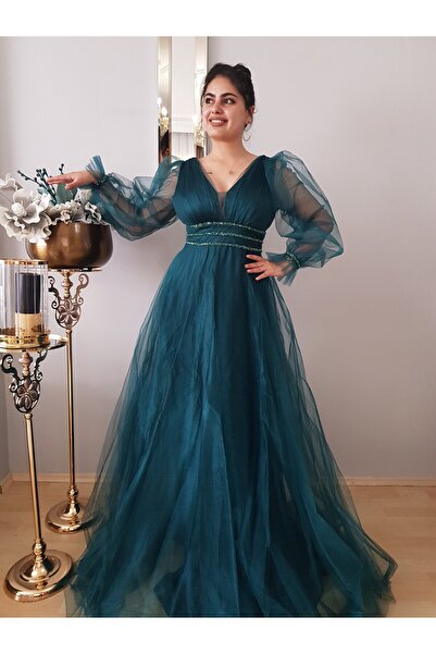 FERGAN KADIN PETROL YEŞİL KARPUZ KOL ÖZEL TASARIM PRENSES ABİYE ELBİSE