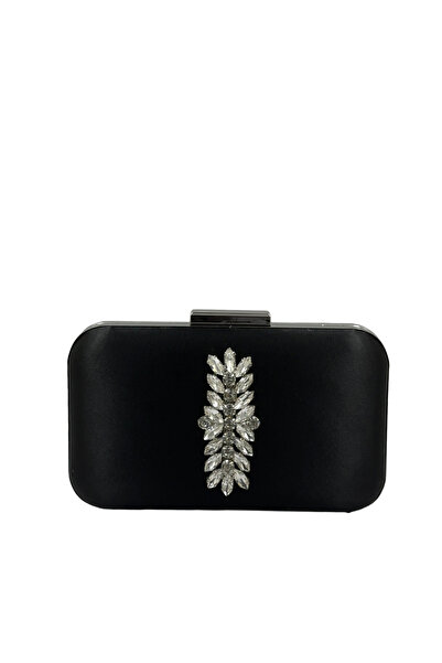 Biçanta Geantă elegantă neagră din material satin cu carcasă argintie și piet...