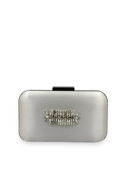 Biçanta Satin de culoare ecru sidefat cu carcasă argintie Geanta rochie de se...