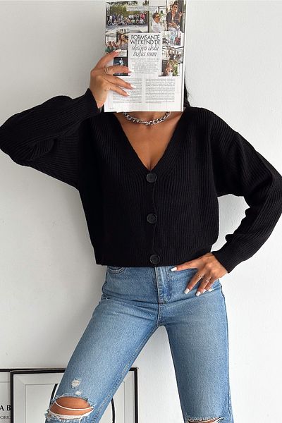 FEMELLE Cardigan negru cu nasturi detaliat, mărime standard, pentru tricotaje