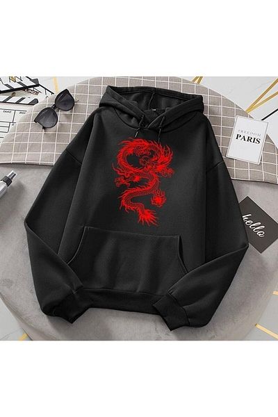 ARSGİYİM Φούτερ με κουκούλα Unisex Red Dragon με στάμπα μαύρου μεγάλου μεγέθους