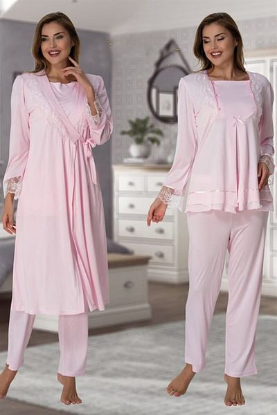 Lohussa Women's Design Pink Lace Detailed Long Sleeve Cotton Maternity Maternity Dressing Gown Pajama Set