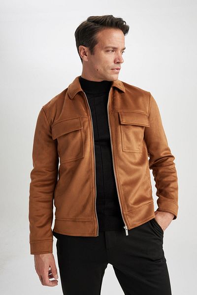 DeFacto Slim Fit Polo Suede Παλτό με λαιμόκοψη