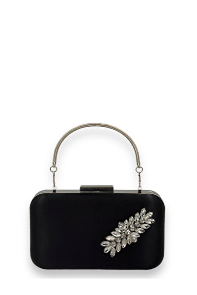 Biçanta Geantă de seară din satin negru cu carcasă argintie și pietre decorat...