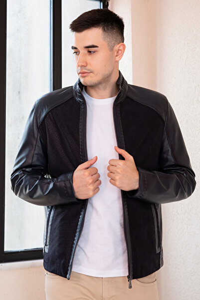 Hodore Petro Lacivert Süetli Hakiki Erkek Deri Ceket