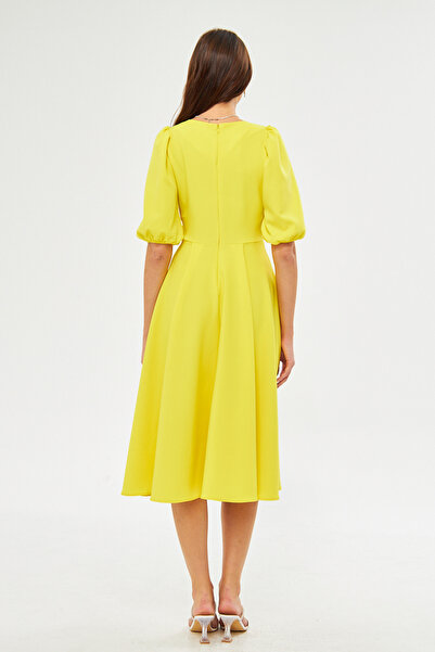 vuvutasarım Stretchy Atlas Fabric V-Neck Button Detailed Waist-Sitting Midi Length Flared Cut Yellow Evening Dress