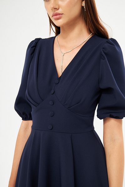vuvutasarım Stretchy Atlas Fabric V-Neck Button Detailed Waist-Length Midi Length Flared Cut Navy Blue Evening Dress 422