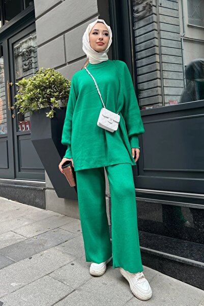 Maystore Steel Knitted Knitwear Tunic and Trousers Set - Balloon Sleeve