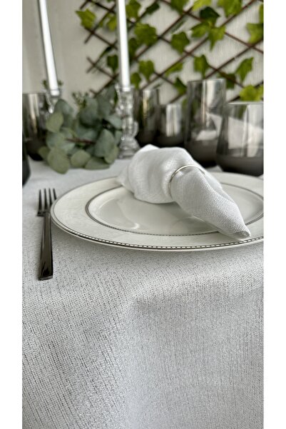 Decamor home Linen Textured Silver Glitter White Round Tablecloth (Napkin Not Included)