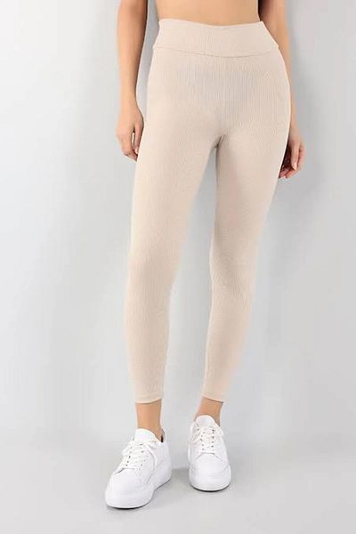 EGN Fashion Colanți din lână cu nervuri, bej, fermoși, cu talie înaltă