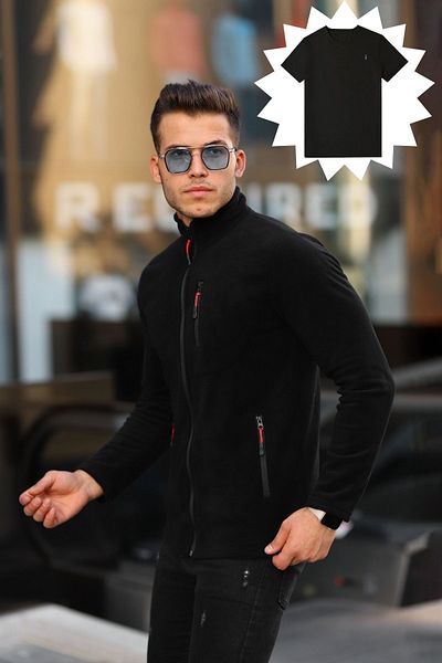 Kozik TSHIRT Δώρο Ανδρική Μαύρη Softshell Fleece Standard Πλήρες φερμουάρ 3 τσέπες Ανδρική ζακέτα Fleece