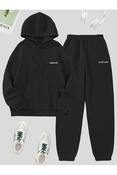YUVEST BLACKROCK Black Minimal California Printed Hooded Sweatshirt and Sweatpants Tracksuit Set