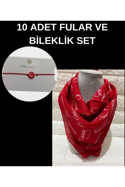 sema aksesuar 10 Adet Kırmızı Atatürk Imzalı Pamuk Fular ve Türk Bayrağı Ay Yıldız Fimo Boncuk Bileklik Seti