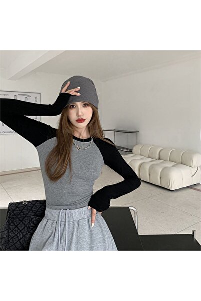 Karakedi Gray Melange Basic Long Sleeve Crop with Black Raglan Sleeves