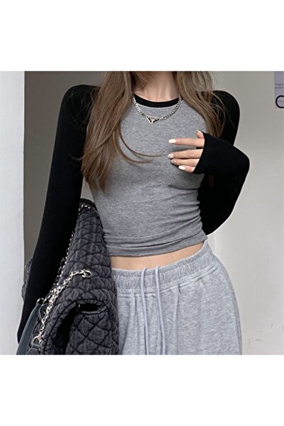 Karakedi Gray Melange Basic Long Sleeve Crop with Black Raglan Sleeves