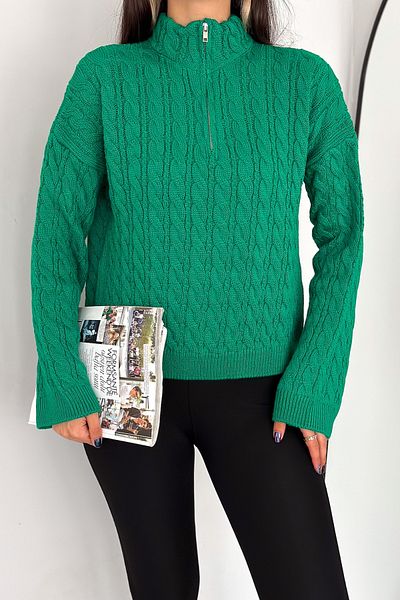 FEMELLE Pulover de damă, verde, mărime standard, tricot de păr, cu fermoar