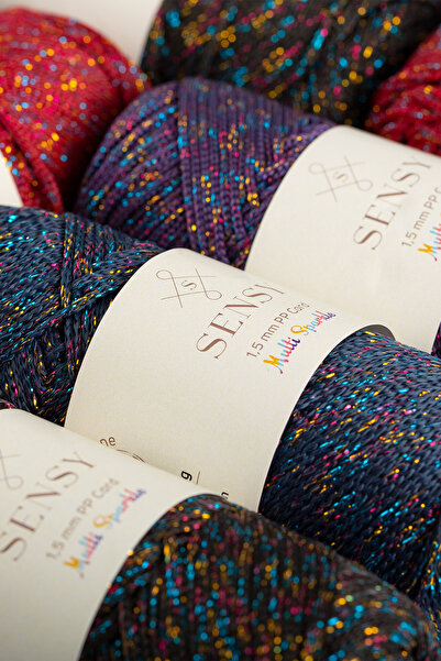 SENSY Multi Sparkle Simli Çok Renkli İp 100 Gr Polyester Makrome İpi Siyah 1,5 Mm - 150 M