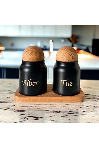 ÜÇER AHŞAP Ahşap Standlı Top Kapaklı Siyah Tuz Biber Kavanoz