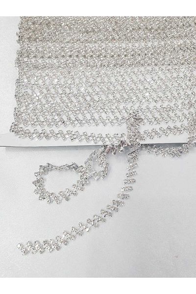 ESRA ŞELEM Silver Color Stoned Decorative Ribbon Fringe Ribbon