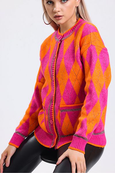 GÜLSEN SARIÇAM Fuchsia Orange Color Glittered Short Woven Cardigan