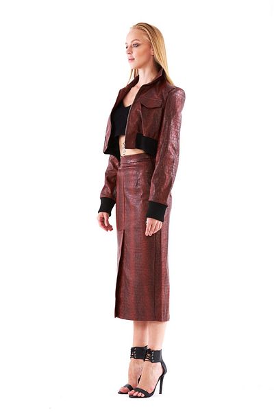 THIMOON Burgundy Snakeskin Patterned Crop Zippered Leather Jacket