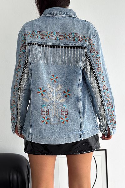 FEMELLE Jachetă de damă din denim cu broderie completă cu ciucuri de piatră, cu nasturi snap