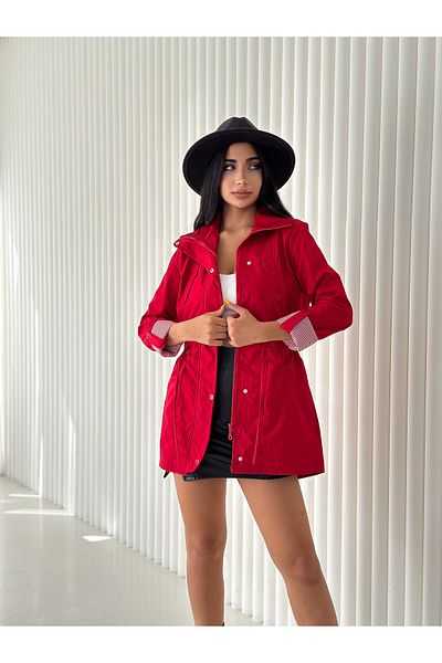 diaves Women's Red Side Gathered Foldable Sleeve Lined Trench Coat