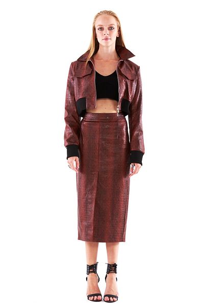 THIMOON Burgundy Snakeskin Patterned Crop Zippered Leather Jacket