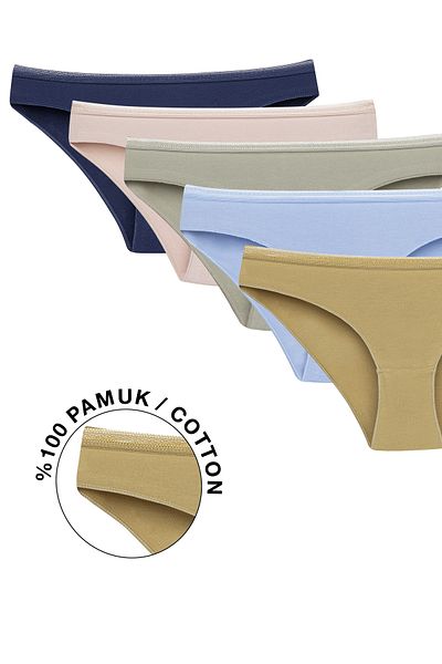 Ramior Pack of 5 Lace Decorated Bikini Panties Navy Blue, Blue, Aqua Green, Khaki, Tan