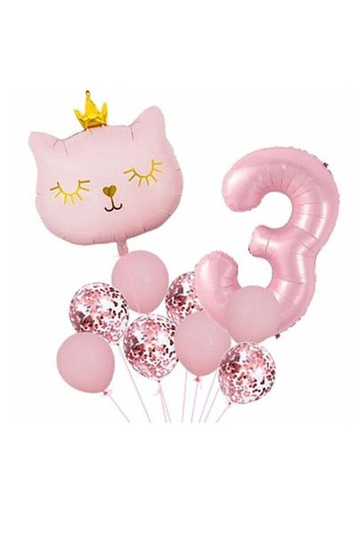 parti sürprizi Crowned Pink Cat 3 Year Old Foil Balloon Set