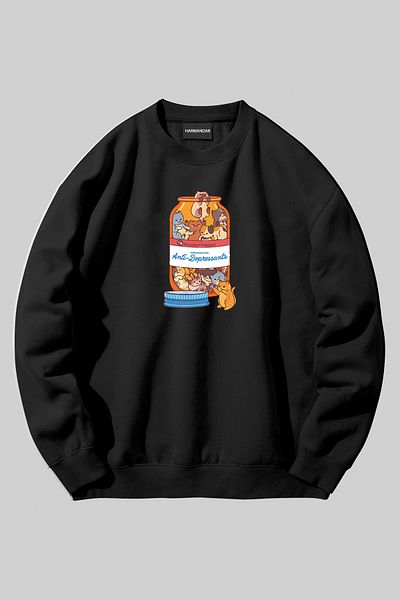 Harmandar Hanorac negru unisex cu imprimeu de pisici cu gât crew