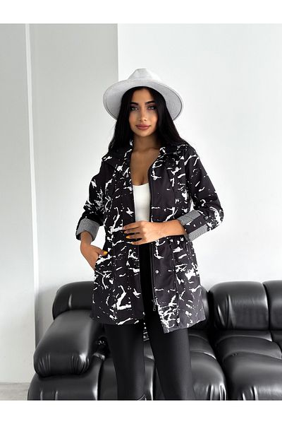 diaves Women's Marble Patterned Side Gathered Foldable Sleeve Lined Trench Coat