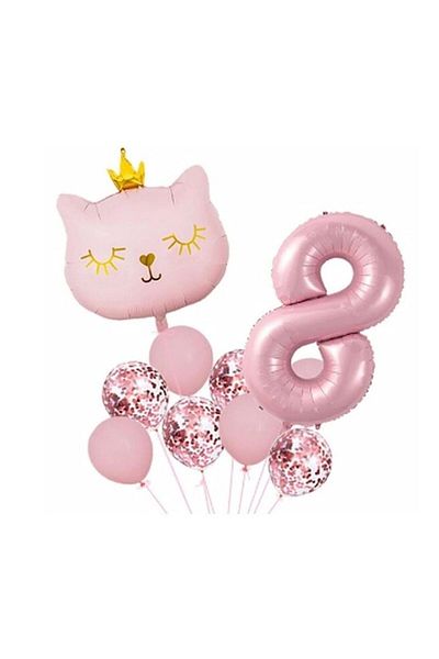 parti sürprizi Crowned Pink Cat 8 Years Old Foil Balloon Set