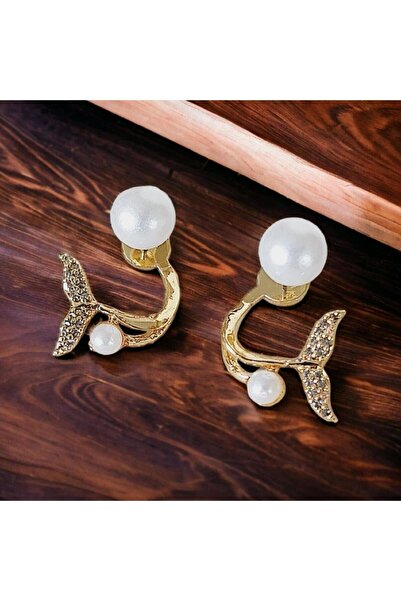 toptanhanem Zarif İnci Detaylı Zirkon Taşlı Altın Kaplama Balık Kuyruğu Tasarım Küpe | Günlük, Spor ve Özel Günl