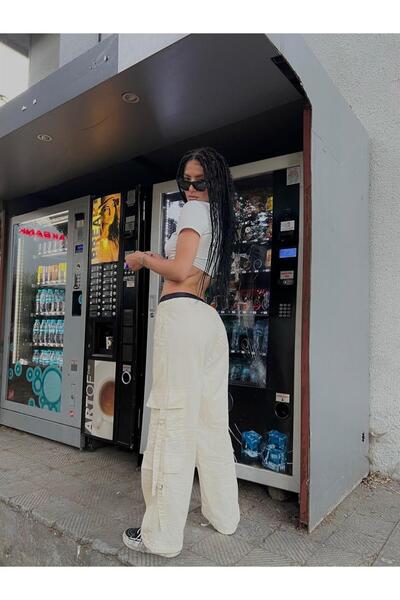 BROOD's Y2k Tactical Kargo Cepli Beli Lastikli Beyaz Pantolon