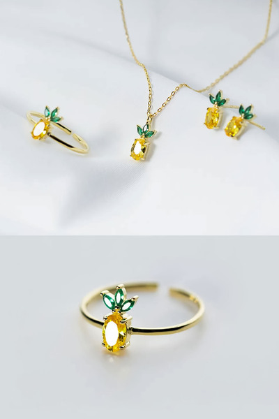 Papatya Silver 14K Altın Kadın Kolye Yüzük Küpe Takı Seti Küçük Sevimli Anana...