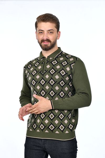 Kamalı Men's Steel Knitted Shirt Collar Zippered Polo Collar Houndstooth Anti-Pilling Knitwear Winter Dad Sweater